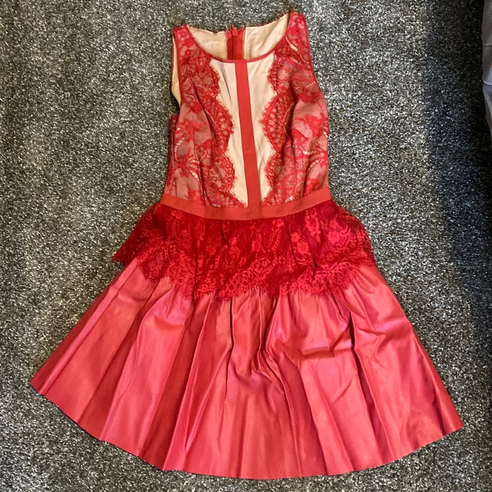Red and tan lace and leather midi dress. Size 2.